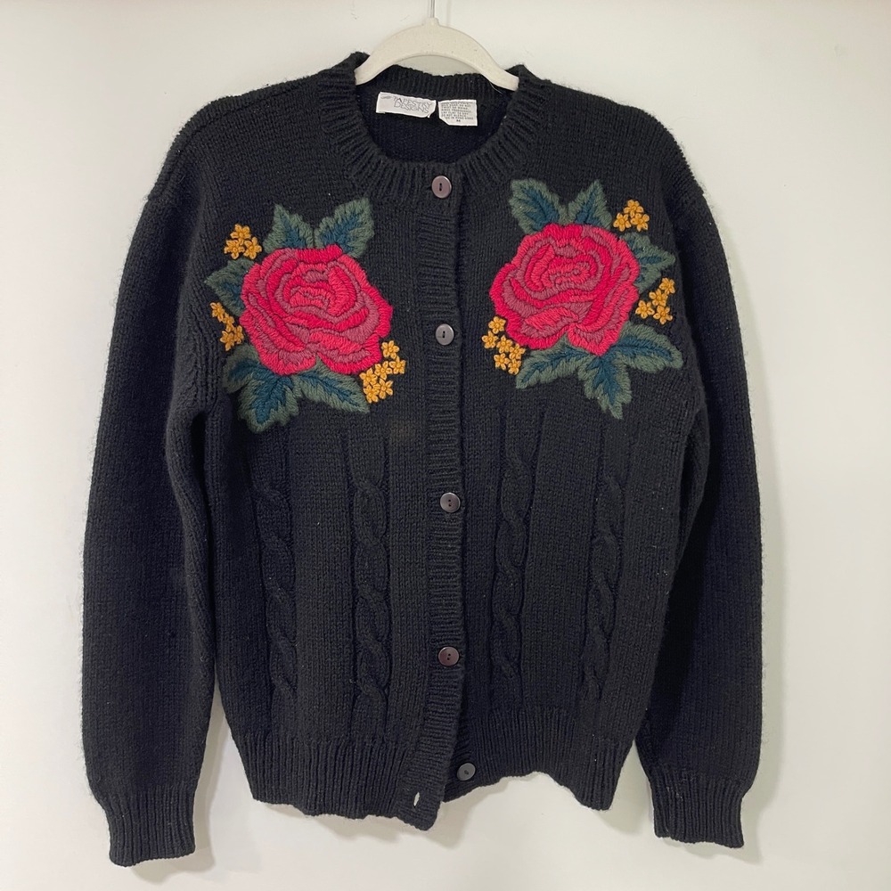 Tapestry Designs Rose Embroidered Cardigan Women Medium Black Wool | Cottagecore